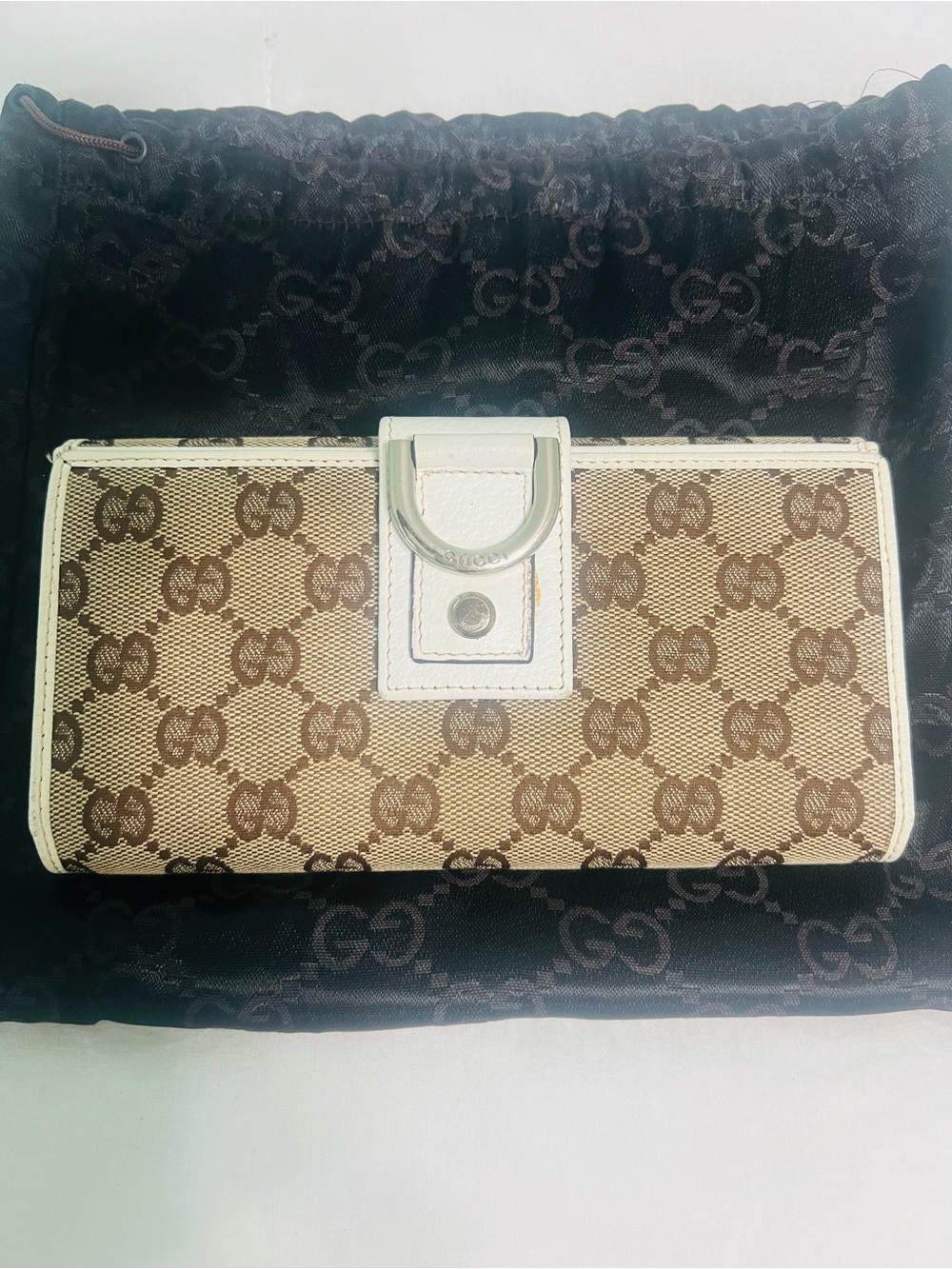 Gucci Brown Monogram Continental Wallet with White Trim and Silver D-Ring